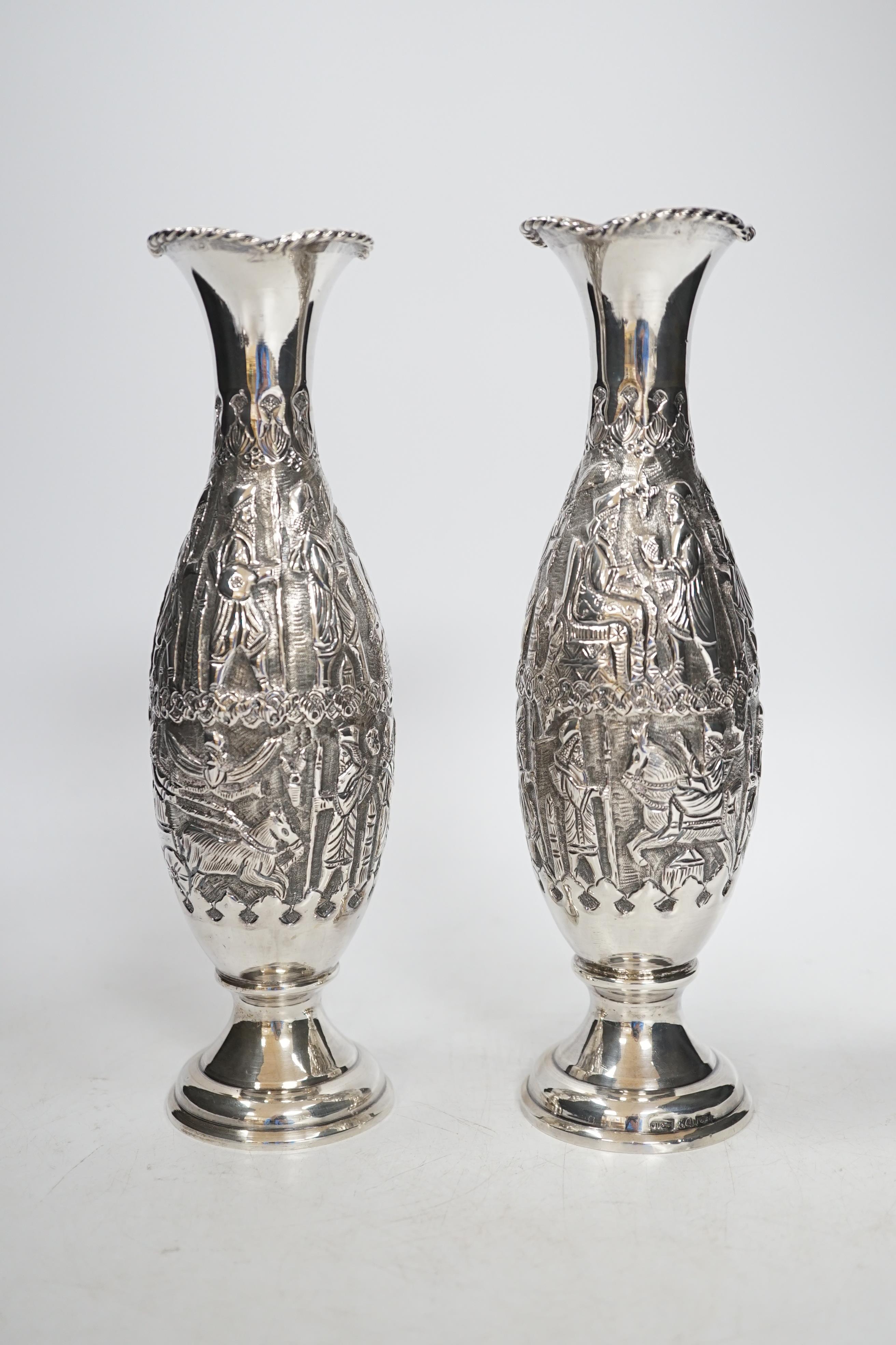 A pair of early 20th century Persian embossed 84 zolotnik white metal specimen vases - Shiraz -Zorostrian decoration depicting King Darius with bearers and emissaries, stamped 84, height 21cm